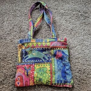 Laurel Burch Dog Patchwork Purse 2 Strap Tote Bag Red Blue Green Colorful Zipper